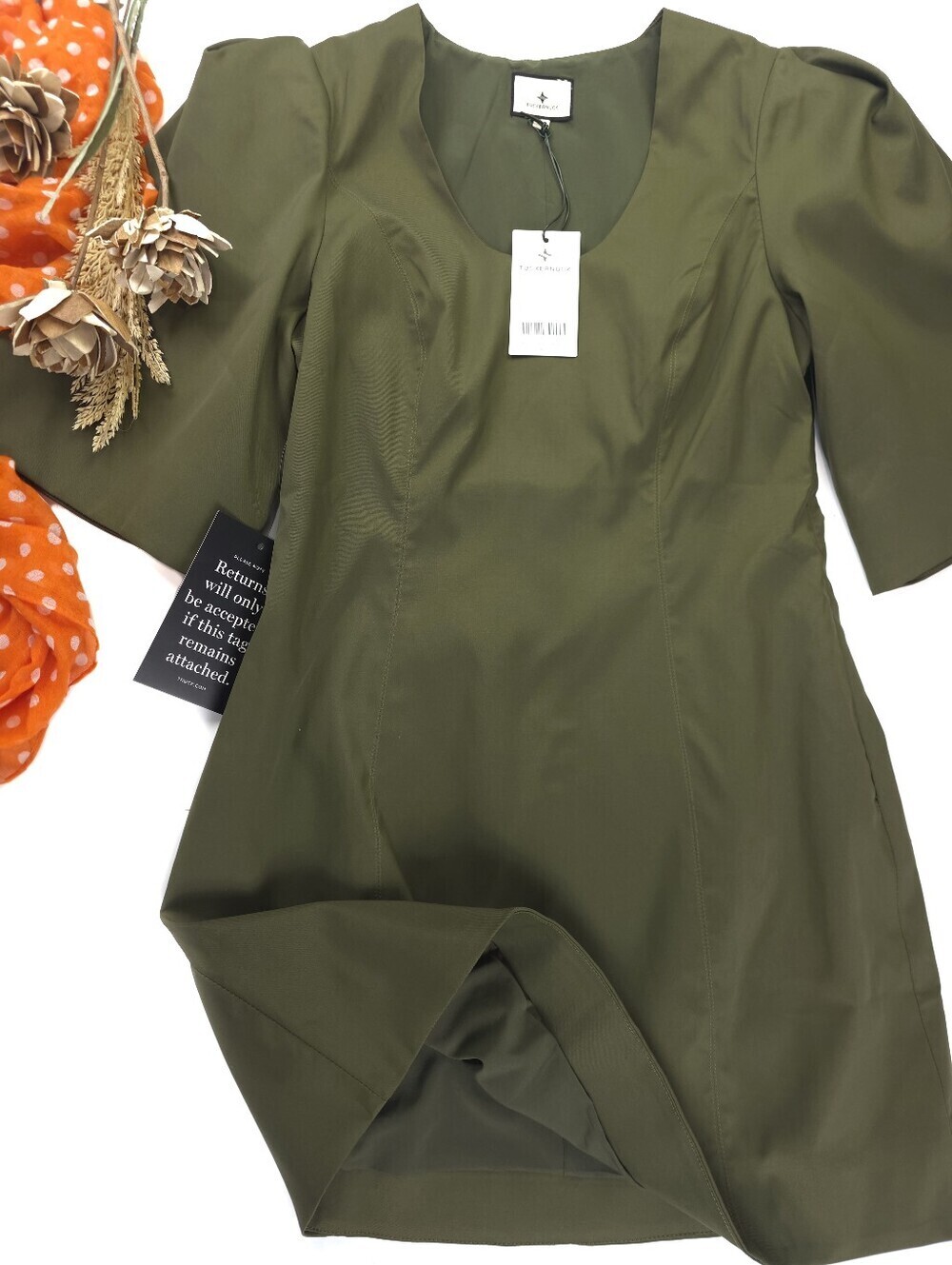 New Tuckernuck Olive Green Puff Sleeve Dress Sz L